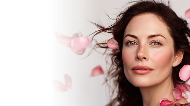 Portrait of woman's face with flower petals in her hair