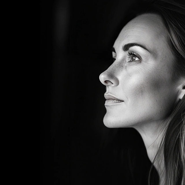 Black and white portrait of woman's face in profile on black background